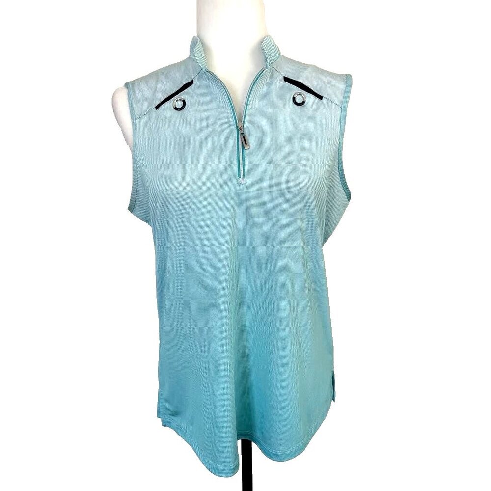 JAMIE SADOCK Sleeveless 1/4 Zip Golf Tank Shirt Size Medium Blue Mini Check